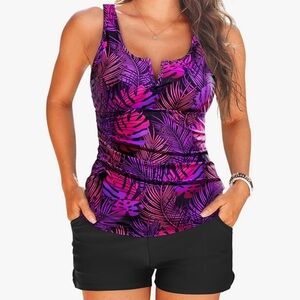 Purple and Black Tropical Tankini Set